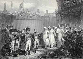 Die Kapitulation der beiden Söhne von Tippoo Sultaun, graviert von A.H. Payne